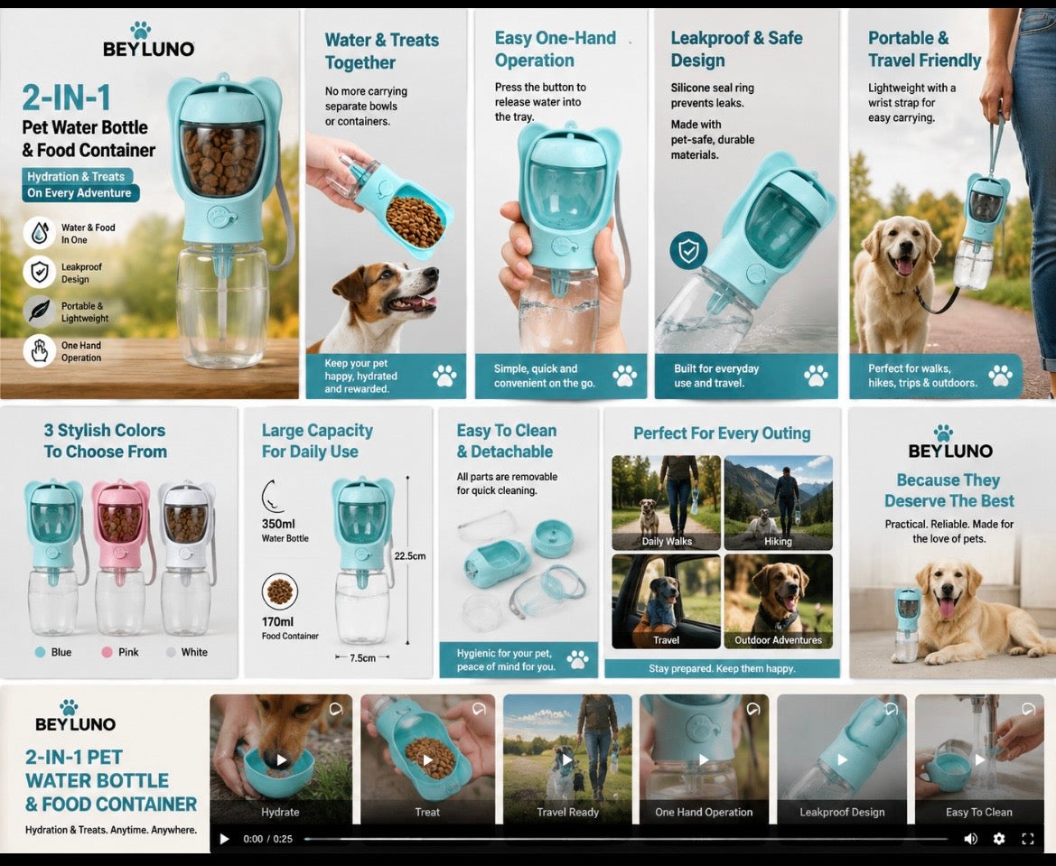 Beyluno 2-in-1 Portable Dog Water Bottle & Treat Container