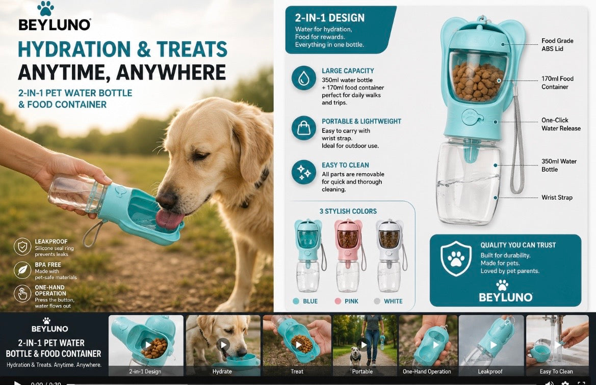 Beyluno 2-in-1 Portable Dog Water Bottle & Treat Container